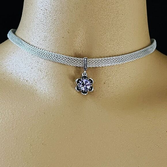 Beautiful Choker Silver Mesh Flower Pendant Purple Stone Fashion Necklace 1078 - Picture 5 of 10